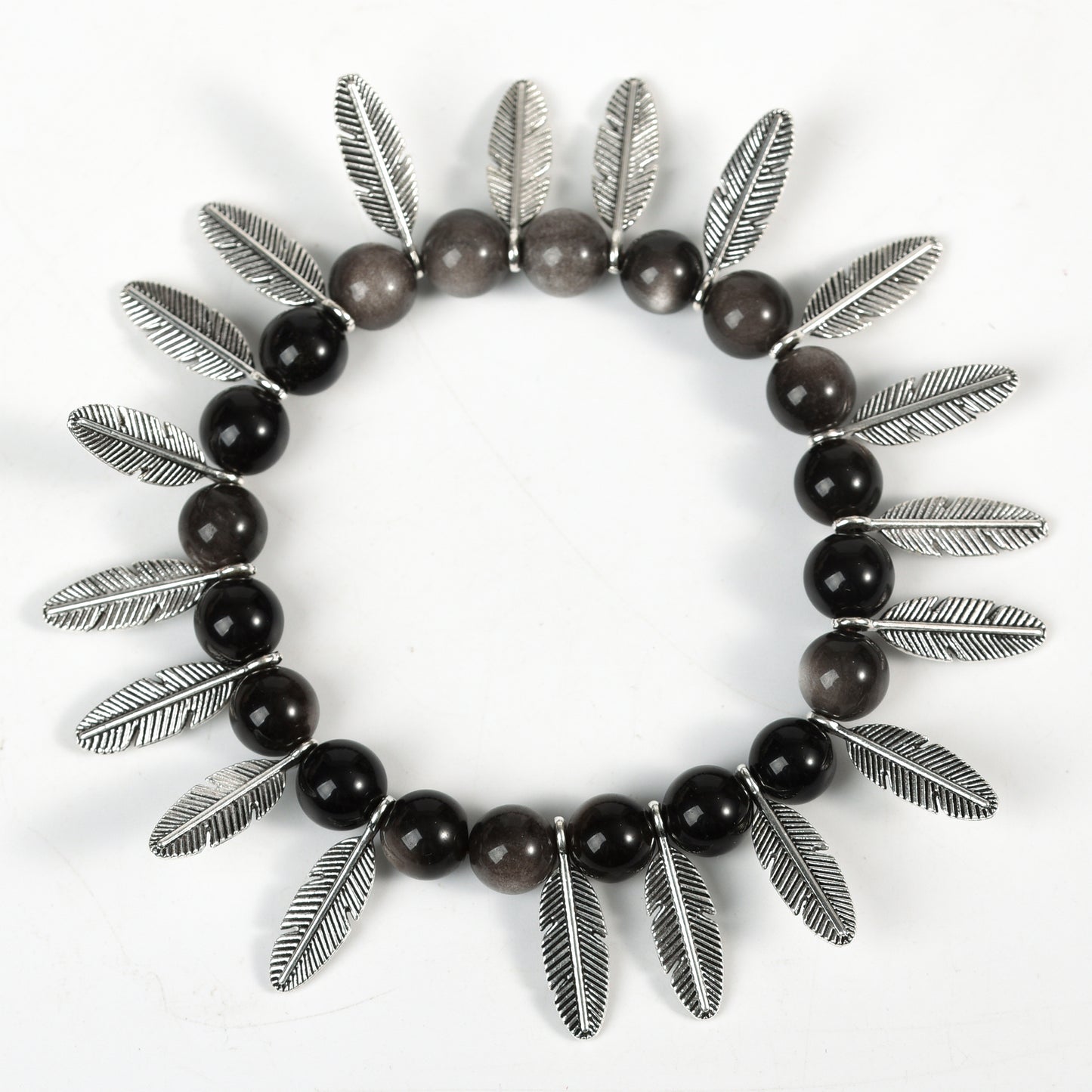 Sliver obsidian with metal feather bracelet