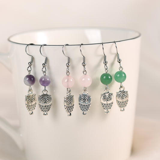 Metal owl with beads earrings