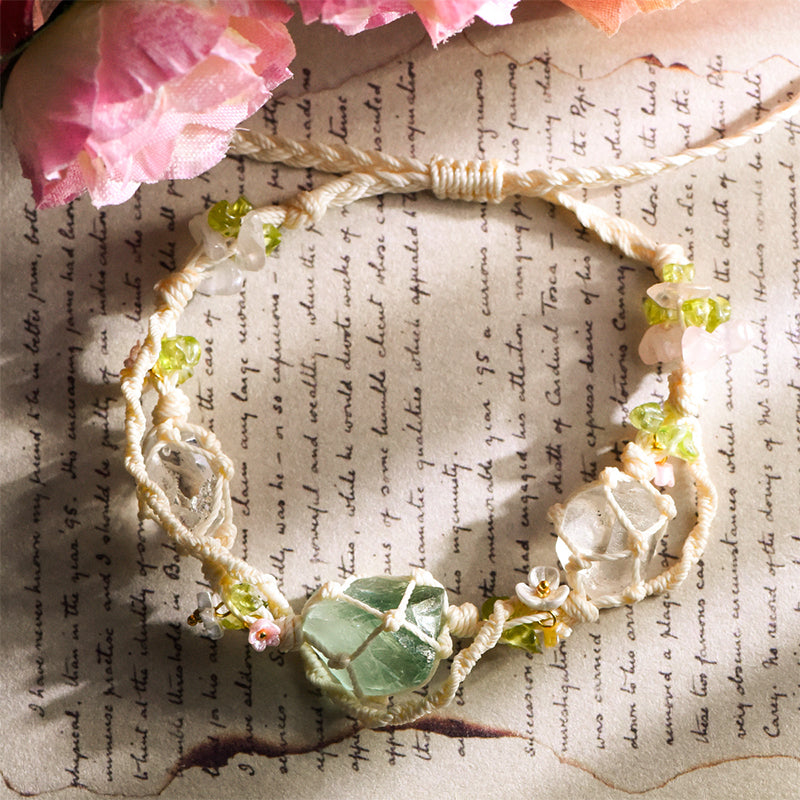 Hand-knotted macrame vine bracelet with 3pc raw crystal