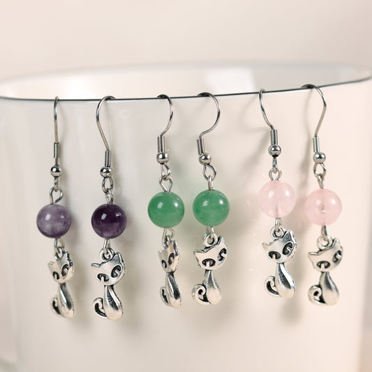 Metal kitten with beads earrings