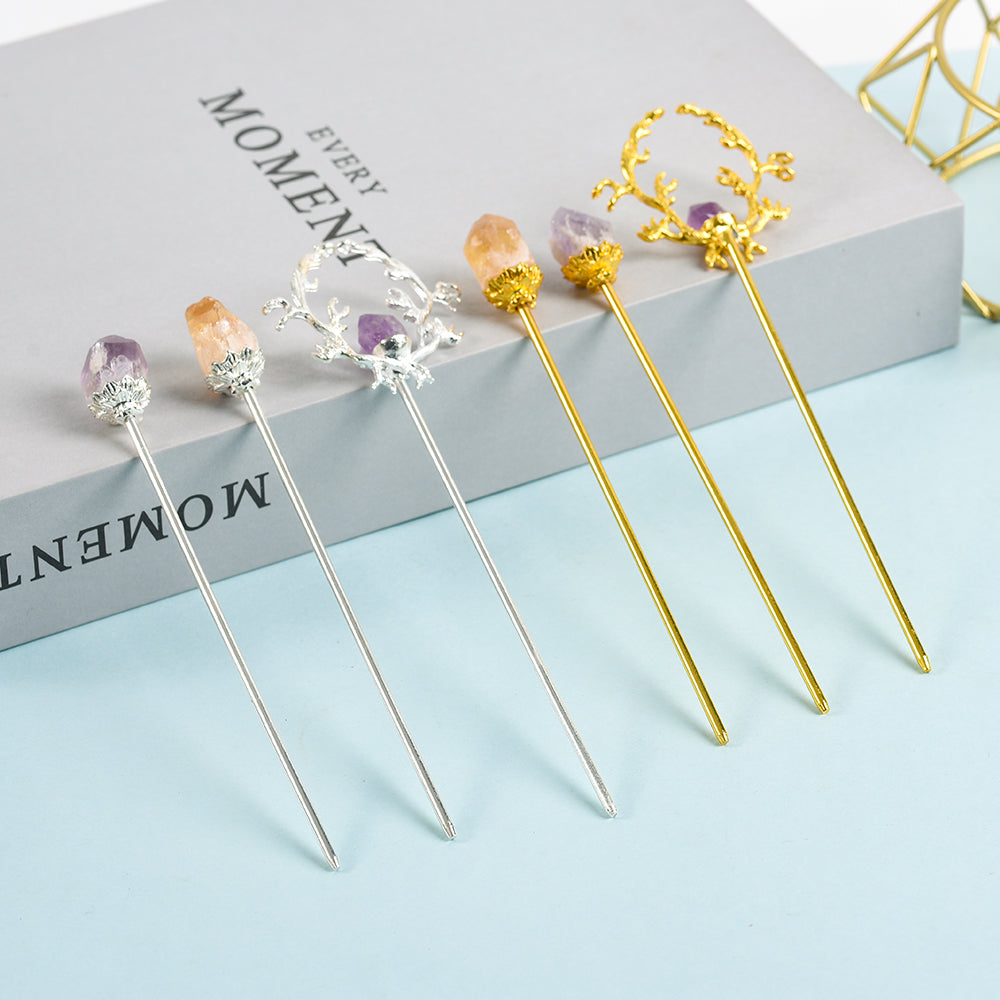 Raw crystal teeth hairpin