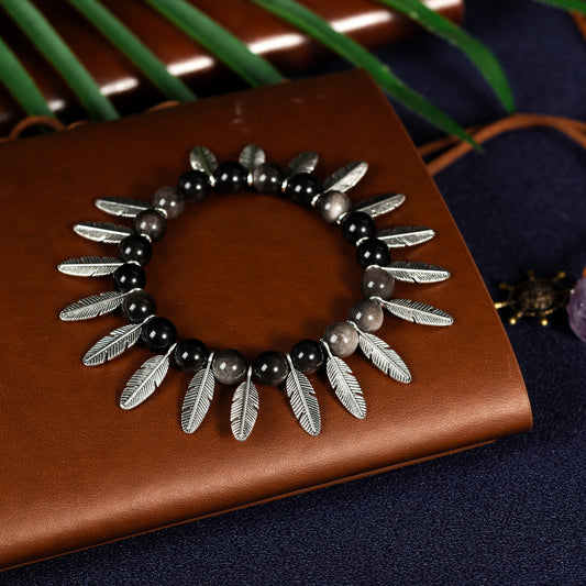 Sliver obsidian with metal feather bracelet