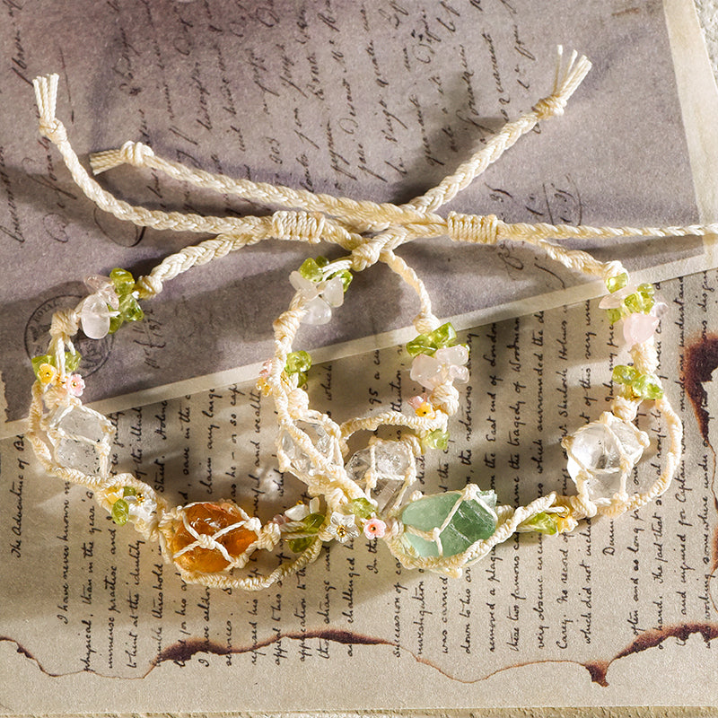 Hand-knotted macrame vine bracelet with 3pc raw crystal