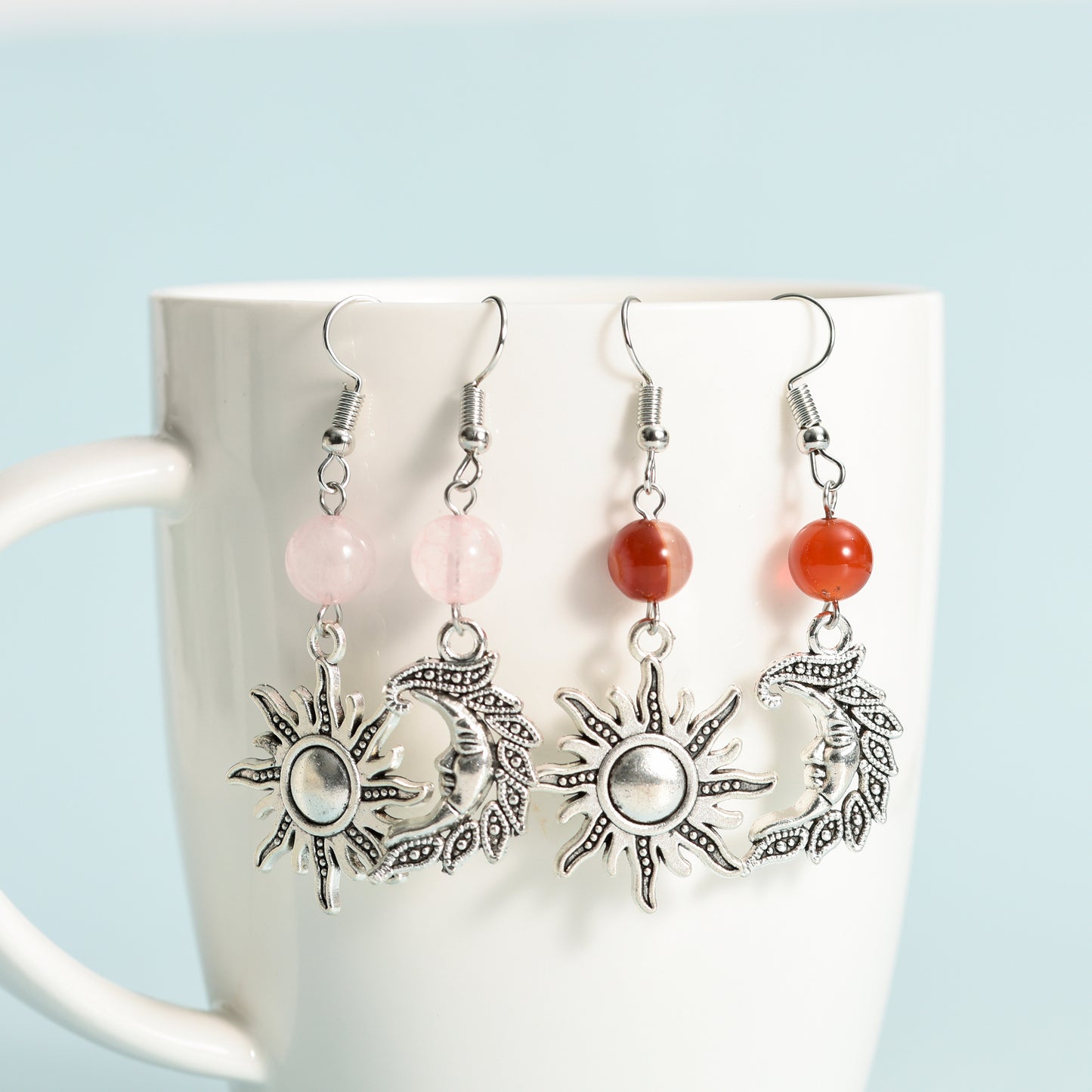 Metal sun and moon with beads earrings