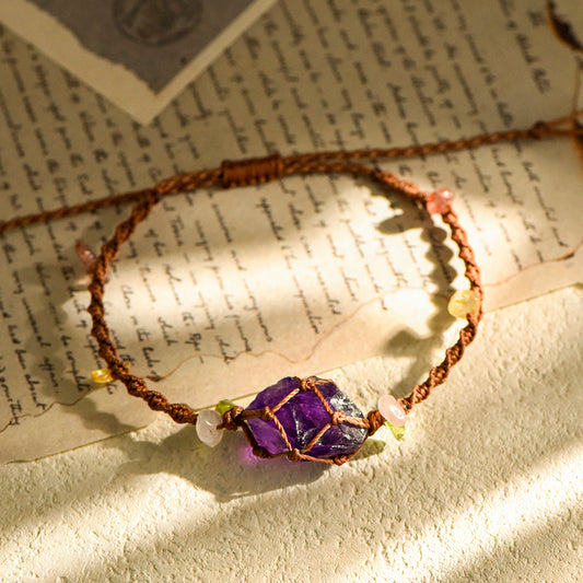 Hand-knotted macrame bracelet with single raw crystal