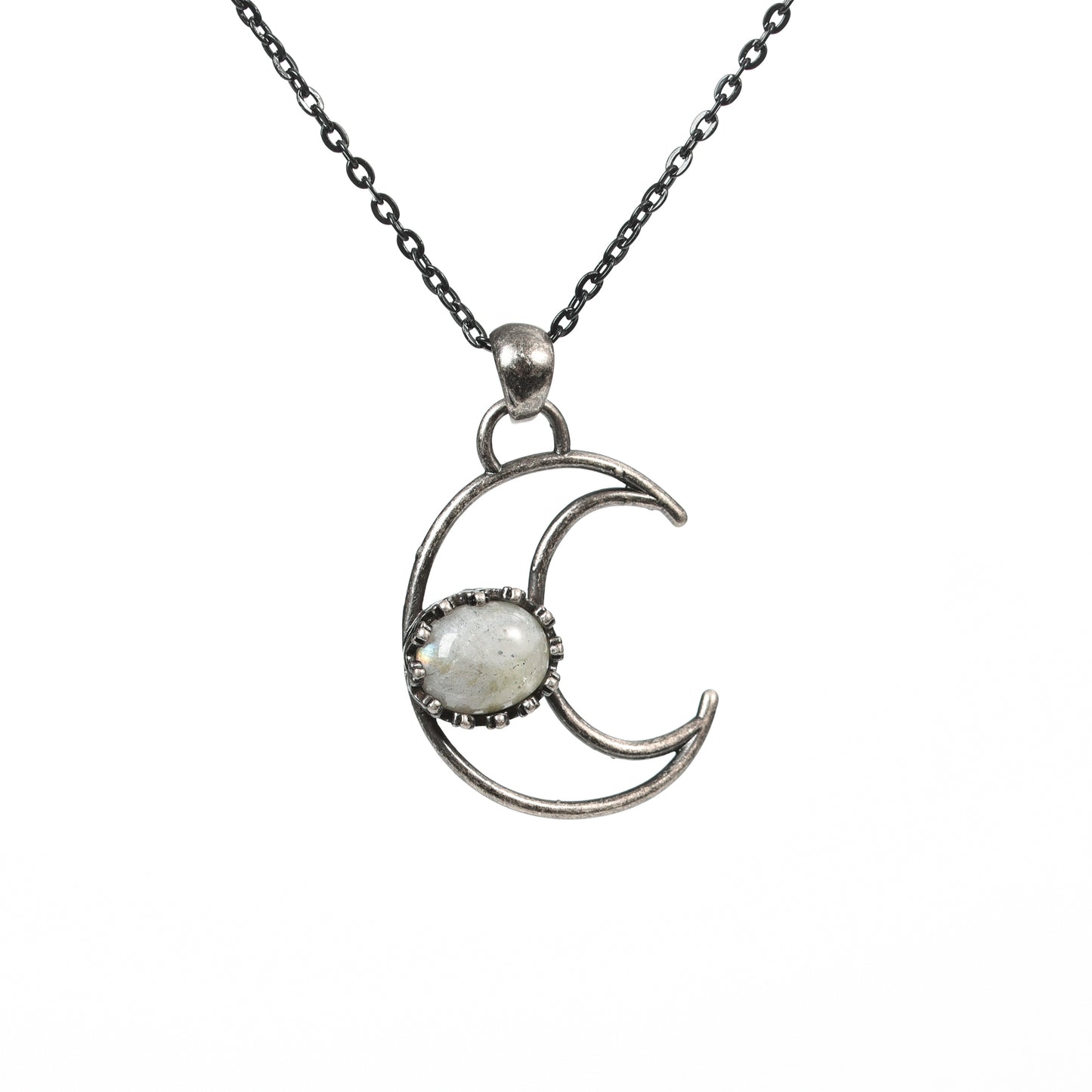 Metal moon with oval crystal pendant