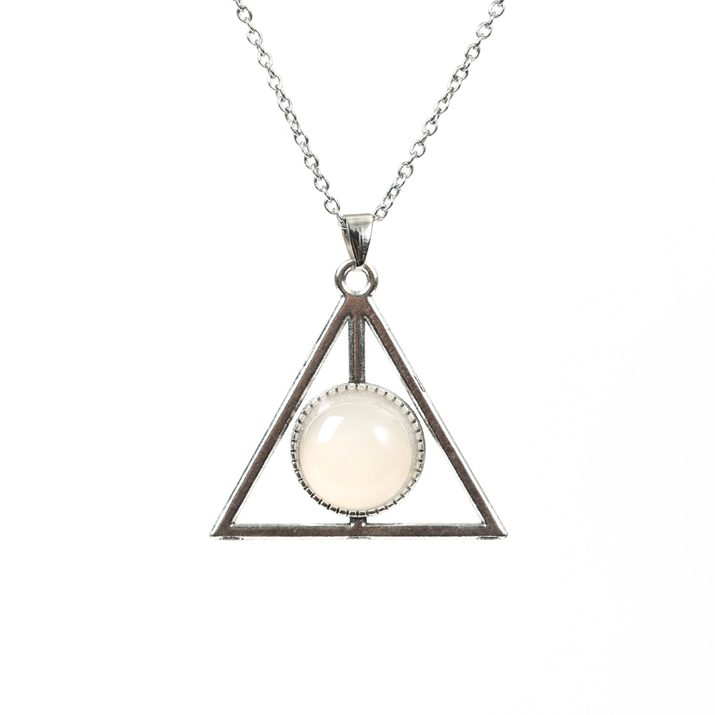 Metal triangle with round crystal pendant