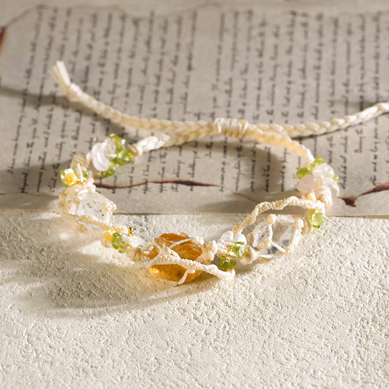 Hand-knotted macrame vine bracelet with 3pc raw crystal