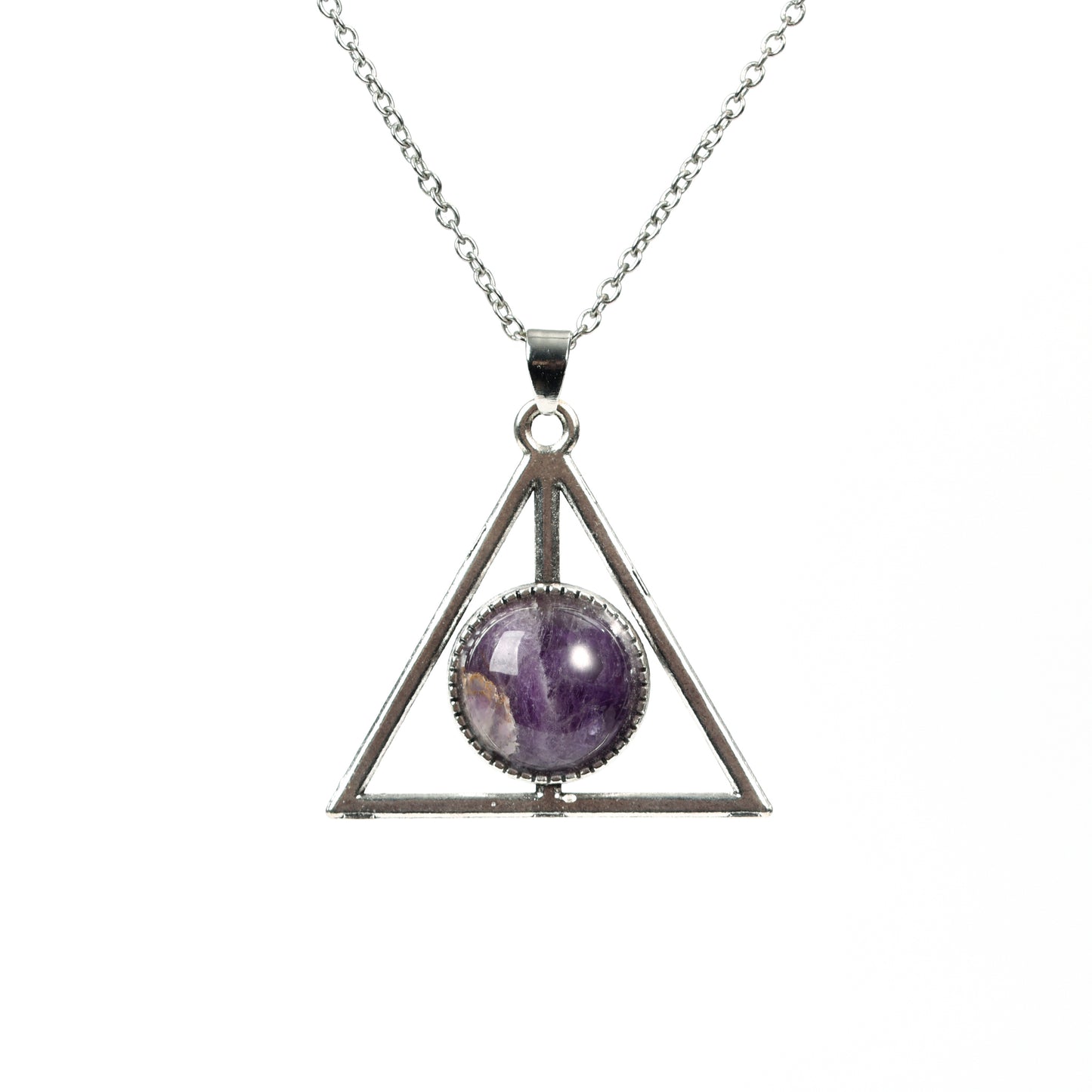 Metal triangle with round crystal pendant