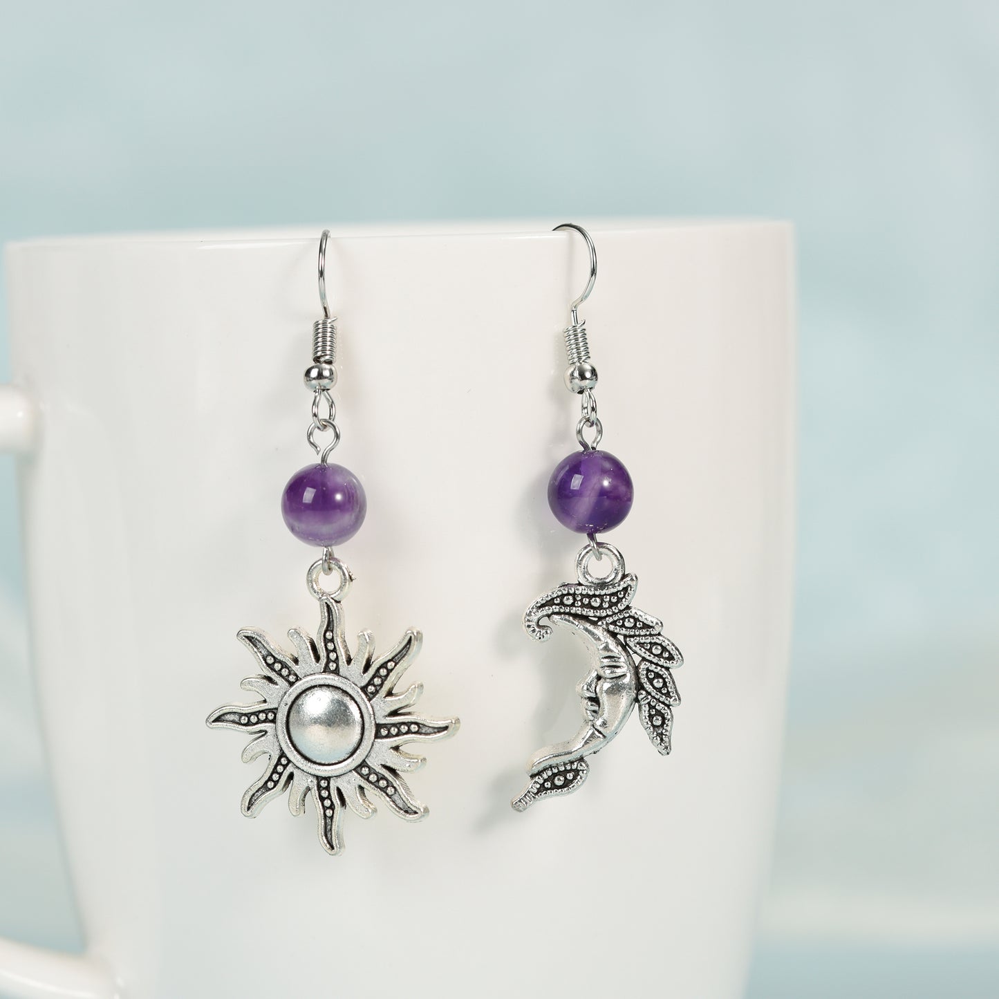 Metal sun and moon with beads earrings